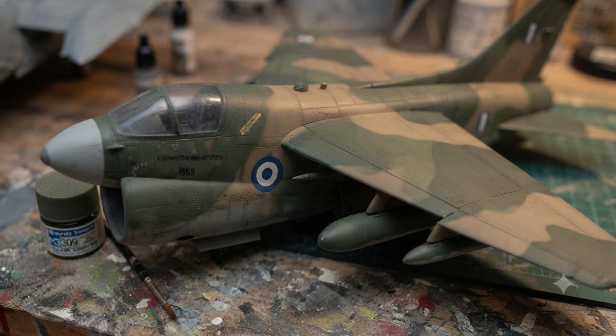Μοντέλο A-7 Corsair II της Πολεμικής Αεροπορίας με παραλλαγή SEA, δύο πράσινα και καφέ