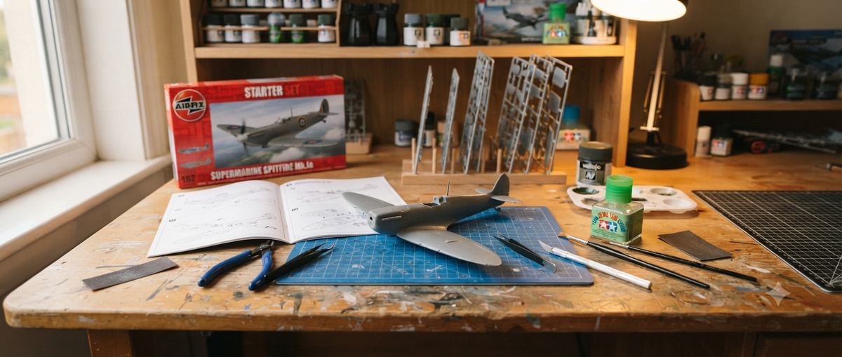 Πάγκος αρχάριου μοντελιστή με starter kit, sprues, οδηγίες και βασικά εργαλεία