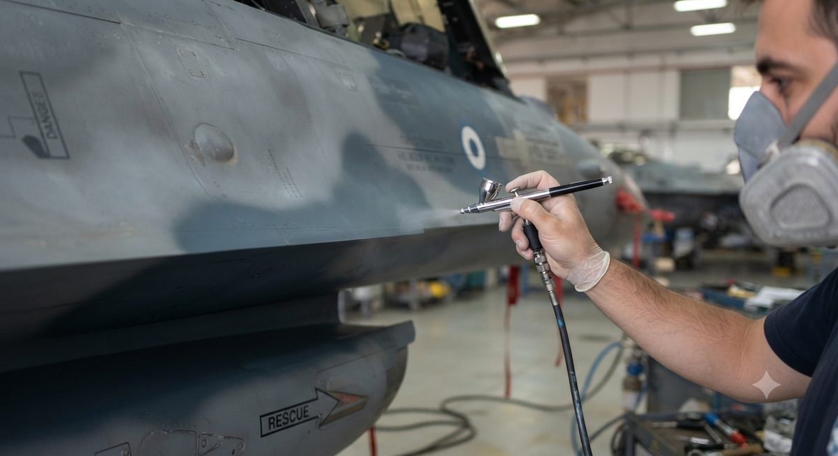 Βαφή πραγματικού F-16 της Πολεμικής Αεροπορίας με αερογράφο, soft edge στην παραλλαγή Aegean Ghost