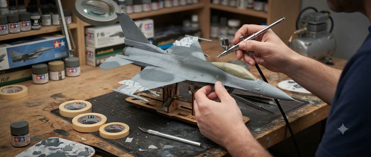 Βαφή μοντέλου F-16 με αερογράφο και ταινίες μασκαρίσματος για την παραλλαγή