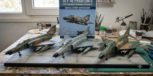 Τρία μοντέλα F-4 Phantom II της Πολεμικής Αεροπορίας (AUP, RF-4E, SEA camo) στον πάγκο μοντελισμού