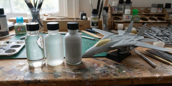 Τρία μπουκάλια βερνικιού gloss, σατινέ και ματ δίπλα σε μοντέλο αεροσκάφους