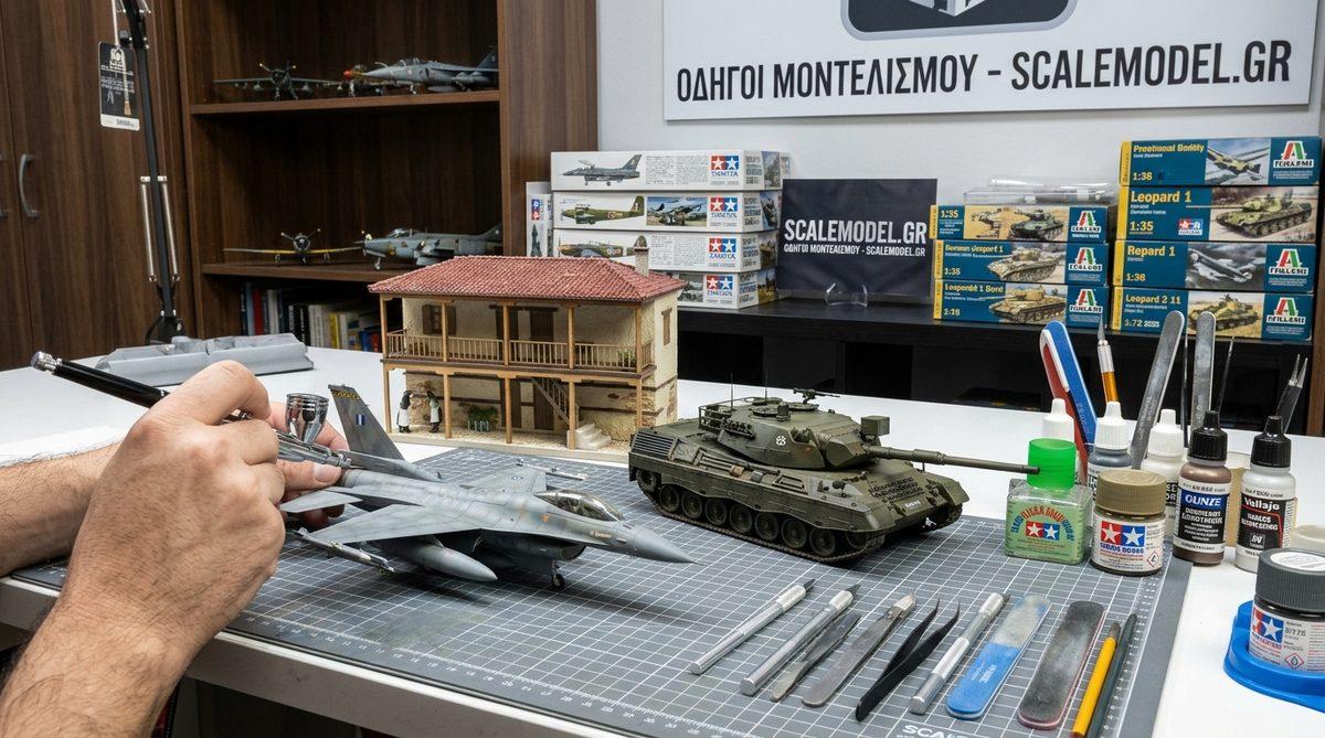 Πάγκος μοντελισμού με μοντέλα F-16 και Leopard, εργαλεία, νυστέρια, λίμες και χρώματα
