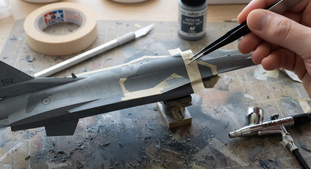 Μασκάρισμα με ταινία Tamiya σε μοντέλο F-16 της Πολεμικής Αεροπορίας κατά τη βαφή της παραλλαγής Aegean Ghost, με χρώματα Vallejo Aegean Ghost Set και αερογράφο Iwata