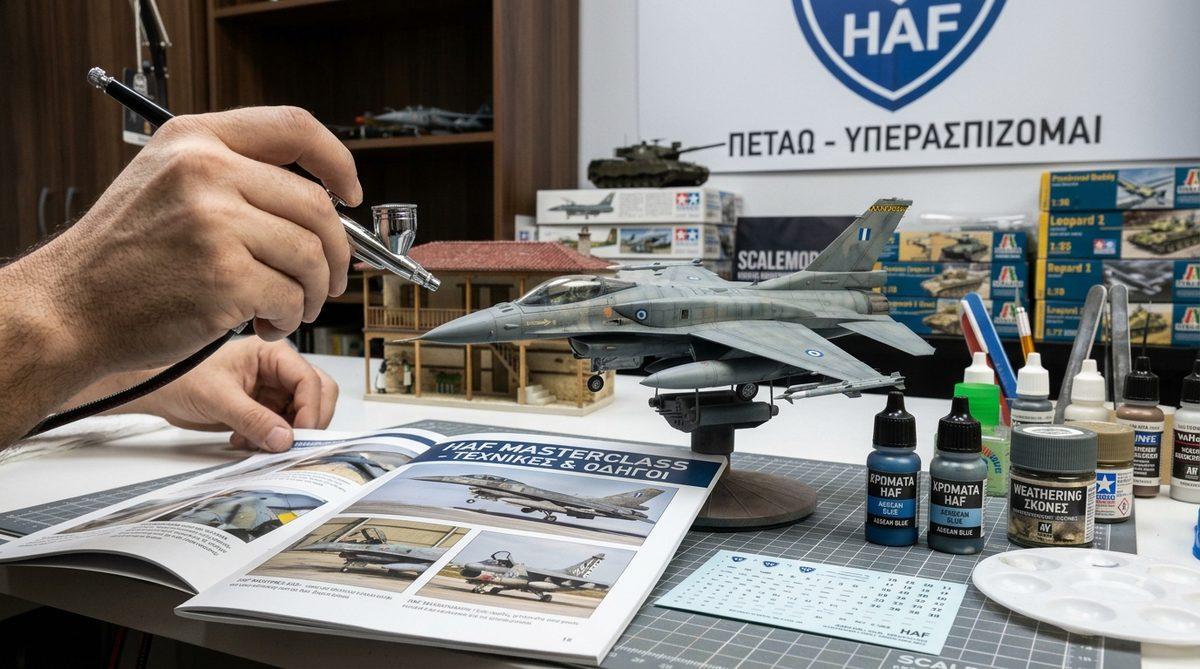 Βαφή μοντέλου F-16 της Πολεμικής Αεροπορίας με αερογράφο, δίπλα σε χρώματα Aegean Blue