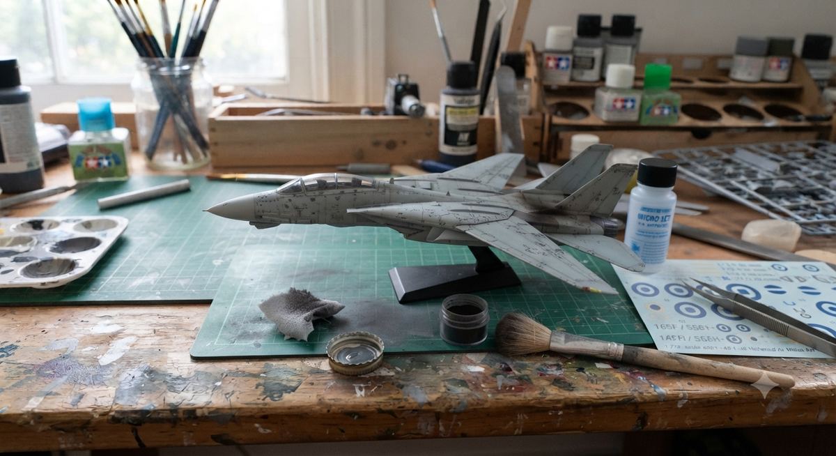 Μοντέλο αεροσκάφους σε βάση με υλικά weathering — pigments, πινέλο και πανί στον πάγκο